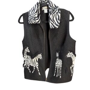 Lisa International Boiled Wool Zebra Vest Black White Faux Fur Collar Medium